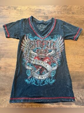 Sinful Distressed Black V-Neck Tee with Red & Teal Heart Graphic